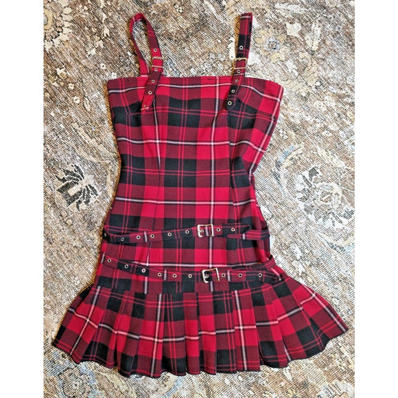 Switchblade Stiletto Red Plaid Mini Dress M Buckle Goth Punk Grunge Alt Emo - Picture 1 of 6